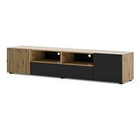 BIM Furniture Meuble TV AURIS 200 cm - Banc TV Moderne en Chêne Artisan et Noir - 3 Portes, 2 Niches Push-to-Open, Façade Rainurée MDF