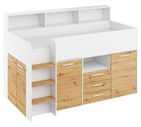 BIM Furniture NEO L Lit superposé pour enfant, ensemble de meubles pour une chambre d'enfant, un lit avec bureau, étagères, tiroirs : côté gauche (blanc/chêne artisanal)