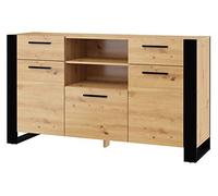 BIM Furniture Nuka Commode - Buffet 45 x 155 x 87 cm avec 3 portes et 2 tiroirs - Commode de salon - Grand espace de rangement - Chêne artisan/noir mat