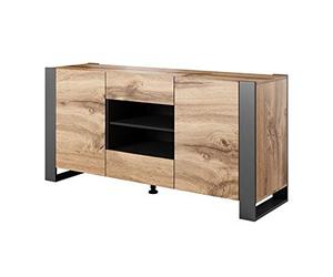 BIM Furniture NUNKI Commode 164 cm Buffet haut Wotan Chêne Anthracite Deux étagères 2 tiroirs
