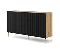 BIM Furniture Ravenna B 2D3S Commode avec façade fraisée en MDF de qualité supérieure, buffet sur pieds en métal doré, 2 armoires, 3 tiroirs (chêne Artisan + noir mat)