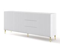 BIM Furniture Ravenna B 3D3S Commode en MDF de qualité supérieure, 200 cm, avec façade fraisée, buffet sur pieds en métal doré, 3 armoires, 3 tiroirs, blanc mat