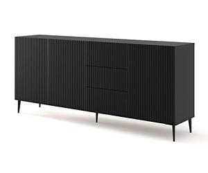 BIM Furniture Ravenna B 3D3S Commode en MDF de qualité supérieure, 200 cm, avec façade fraisée et pieds en métal noir, 3 armoires, 3 tiroirs, noir mat