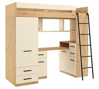 BIM Furniture SMYK P Lit mezzanine, superposé, 200 x 80 cm, avec escaliers, armoire, étagère, bureau, meuble pour enfant, côté droit, chêne artisanal/crème