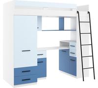 BIM Furniture SMYK P Lit mezzanine, superposé, 200 x 80 cm, avec escaliers, armoire, étagère, bureau, meuble pour enfant, côté droit, blanc/cyan/bleu