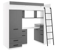 BIM Furniture SMYK P Lit mezzanine, superposé, 200 x 80 cm, avec escaliers, armoire, étagère, bureau, meuble pour enfant, côté droit, blanc/graphite