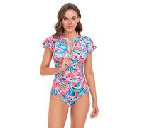 BIMEI Maillot de bain une pièce pour mastectomie avec fermeture éclair sur le devant, manches courtes, poche pour femme, sport, bain, athlétique, imprimé 016, bleu, M