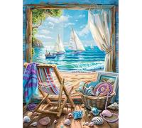 Bimkole 5D DIY Diamond Painting Kits Bateau Devant La Fenêtre, Coque De Chaise Broderie Diamant Kits De Broderie Au Point De Croix Strass Rond Résine Peinture Décor à La Maison 30x40 cm