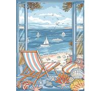 Bimkole 5D DIY Diamond Painting Kits Chaise De Fenêtre, Coquillages De Plage Broderie Diamant Kits De Broderie Au Point De Croix Strass Rond Résine Peinture Décor à La Maison 30x40 cm