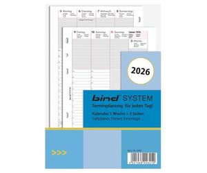 BIND B250826 Calendrier semainier A5, avec fonction de calendrier 2026, 1 semaine/2 pages, avec système, pour planificateur système bind et planificateur standard