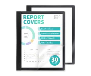 Binditek Lot de 30 protège-rapports transparents avec 3 broches, capacité de 100 feuilles, en plastique robuste avec couverture arrière noire, 3 attaches métalliques, pour format lettre, fournitures