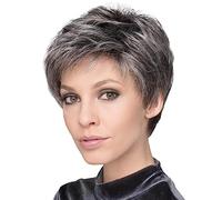 BINDT Perruques texturées en Couches de Cheveux mélangés Courts de 6 Pouces pour Femmes Perruques de Cheveux Humains Gris et Blancs et de Fibres Chimiques Convient aux Personnes,H