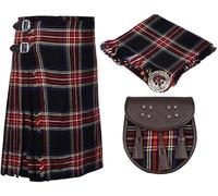 Bingo Sale Ensemble de Kilt Tactique en Tartan Black Stewart pour Homme avec Plaid Anti-Mouches, Broche, flashs et Sporran en Cuir (42" Pouces Taille Navale)