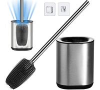 Bingobang Ensemble brosse WC et support - Acier inoxydable 304 Tête de brosse en silicone, nettoyant pour salle de bain (Argent)