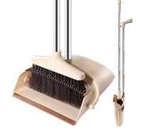 Bingobang Ensemble pelle et balayette à long manche - Ensemble balai et pelle à poussière réduisant la flexion grande pelle à poussière et brosse de balayage (beige-marron)