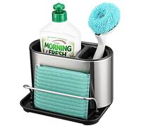 Bingobang Organiseur d'évier en acier inoxydable avec porte-éponge, plateau d'égouttement amovible, argenté et noir