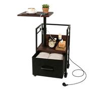 Bingyouth Table de Chevet Connectée à roulettes avec Plateau Pivotant 360° Hauteur Réglable 64-80 cm Prises Intégrées 2AC 220V 2USB 5V 2,1A Grand Rangement Colonne Renforcée Finition Noyer Foncé