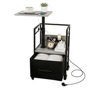 Bingyouth Table de Chevet Connectée à roulettes avec Plateau Pivotant 360° Hauteur Réglable 64-80 cm Prises Intégrées 2AC 220V 2USB 5V 2,1A Grand Rangement Colonne Renforcée Finition Noyer Grisé