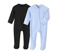 BINIDUCKLING Lot de 2 grenouillères unisexes pour bébé avec fermeture éclair et pieds confortables pour nouveau-né, vêtements pour bébé, grenouillères en coton de couleur unie, barboteuses, 0 à 12
