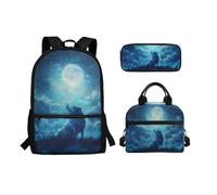Binienty Ensemble cartable 3 en 1 avec boîte à déjeuner et trousse à crayons pour enfants, tout-petits, filles, garçons, joli sac à dos léger, Loup de minuit, Taille unique, Sac à dos enfant