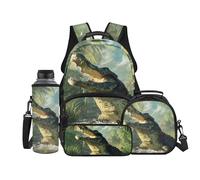 Binienty Ensemble de 4 sacs à dos d'école pour enfants, sac à dos avec sac à déjeuner isotherme, trousse à crayons et porte-bouteille d'eau pour garçons et filles, crocodile, L, Décontracté
