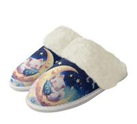 Binienty Pantoufles en mousse à mémoire de forme pour femmes et filles - Chaussons doux et confortables en peluche chaude, Chat dessin animé lune étoile, 37.5/38.5 EU