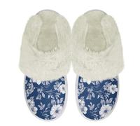 Binienty Pantoufles en peluche pour femme avec bord en fourrure confortables, chaudes et moelleuses, chaussures d'intérieur et d'extérieur habillées, bleu/fleur, 37.5/38.5 EU