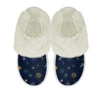 Binienty Pantoufles pelucheuses pour femme en mousse à mémoire de forme confortables pour chambre à coucher, Soleil Lune Planète, 37.5/38.5 EU