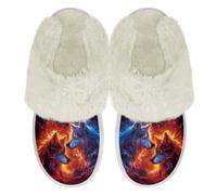 Binienty Pantoufles pelucheuses pour homme et femme - Semelle épaisse en peluche avec bords en fourrure - Pour intérieur et extérieur, Loup de feu d'eau, 39.5/40 EU