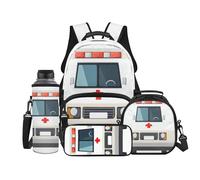 Binienty Sac à dos pour enfants garçons 4 en 1 avec boîte à déjeuner, trousse à crayons, pochette pour bouteille d'eau, sac à dos, Ambulance, L, Décontracté