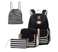 BININBOX 3/4 pcs Sac à Dos d'école en Toile Sac à Bandoulière Trousse Scolaire Ordinateur Stylos pour Enfant (noir, 4)