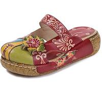BININBOX Sandales Cuir Femmes, Chaussures Ville Été Sabots Mules Compensées à Talons Compensés Plateforme Plates Motifs Fleurs Bohème Clogs Pantoufles (Red, 39)