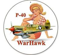 BinLtd P-40 Warhawk Round - Panneau en étain Pin-Up Girl - Plaque en métal de style vintage comme décoration murale, panneau décoratif rétro pour café, bar, 30,5 x 30,5 cm