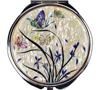 BinNADA Miroir grossissant compact vintage en nacre avec fleur d'orchidée orientale petite main maquillage pliable portable personnel coquillage miroir pour sac à main