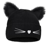 Binnan Bonnet Chat, Chapeau d'oreille de Chat pour Les Femmes, Bonnet d'hiver Chaud avec Oreilles de Chat, Bonnet Tricoté avec Broderie pour Filles et Femmes (Noir)