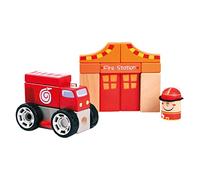 Bino 84094 Voiture de Pompier empilable avec Jouet caserne de Pompiers en Bois, Multicolore, pour Les Enfants à partir de 12 Mois, Dimensions : 24 x 4,7 x 27 cm