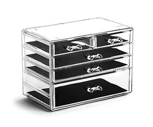 BINO The Manhattan Series Organiseur de maquillage en acrylique, 3 grands tiroirs et 2 petits tiroirs, transparent pour produits de beauté, maquillage, bijoux et accessoires de coiffeuse