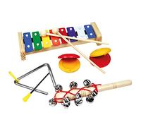 Bino World of Toys Ensemble Musical Ensemble d'instruments de Musique en Bois et métal pour Enfants à partir de 3 Ans (Comprenant : Xylophone, maillet, Clochette, Triangle et castagnette), Coloré