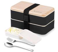 Binoster Boîte bento Repas Boîte à Lunch Boîte à Déjeuner gouter Bundle Divider Style Japonais Lunch Box avec Une cuillère et Une Fourchette en Acier Inoxydable (noire)