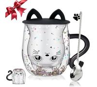 Binoster Cadeau Femme Anniversaire Tasse Chat Mignon Verre Double Paroi Tasse à Café Tasse à Thé Cadeau Original Femme Maman Saint Valentin Noël Idée Cadeaux Femme Homme Chat Noir Mug Kawaii