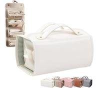 Binozinco Cosmetic Bag, Leather Waterproof Cosmetic Bag, Binozinco Makeup Bag with Compartments, Detachable Compact Toiletry Bag, Hanging Cosmetic Travel Bag for Bedrooms Gyms (White)