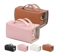 Binozinco Cosmetic Bag, Leather Waterproof Cosmetic Bag Detachable 4 in 1, Hanging Cosmetic Travel Bag, Large Capacity Portable Multi Compartment Foldable Leather Makeup Bag for Women (Brown, Pink)