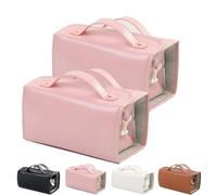 Binozinco Cosmetic Bag, Leather Waterproof Cosmetic Bag Detachable 4 in 1, Hanging Cosmetic Travel Bag, Large Capacity Portable Multi Compartment Foldable Leather Makeup Bag for Women (2Pcs Pink)