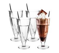 binsakao Lot de 4 verres à milkshake avec 4 longues cuillères en métal, verres à soda à l'ancienne, verre classique pour crème glacée (300 ml, transparent)