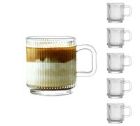 binsakao Lot de 6 tasses à café en verre de 355 ml avec poignées - Ensemble de tasses à thé classiques à rayures verticales transparentes pour boissons chaudes/froides