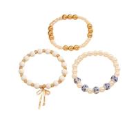 binxliuxo 3PCS Trendy Gold Bracelets for Women- Bow Charm Stretch Beaded Bracelet,Dainty Flower Bead Charm Bracelet Stack Gold Vintage Handmade Stretch Bracelets Romantic Jewelry Gift