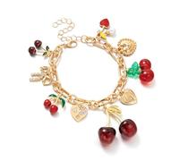 binxliuxo Cherry Bow Heart Charm Bracelet, Gold Chunky 3D Fruit Realistic Enamel Pearl Adjustable Chain Handmade Fashionable Christmas Jewelry Gifts for Women (1)