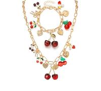 binxliuxo Cherry Bow Heart Charm Bracelet, Gold Chunky 3D Fruit Realistic Enamel Pearl Adjustable Chain Handmade Fashionable Christmas Jewelry Gifts for Women (2)