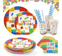 BINYI Baustein - Lot de 100 assiettes de fête d'anniversaire - Assiettes en carton - Gobelets en carton - Serviettes pour anniversaire d'enfant - Décoration de table - Accessoires pour 20 invités