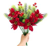 BINYI Lot de 4 branches de sapin artificielles comme de vraies baies rouges - Branches de Noël artificielles - Bouquet de Noël - Décoration de Noël